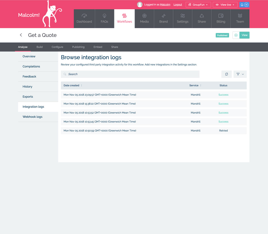 Screenshot of the Workflow integration logs in MyMalcolm