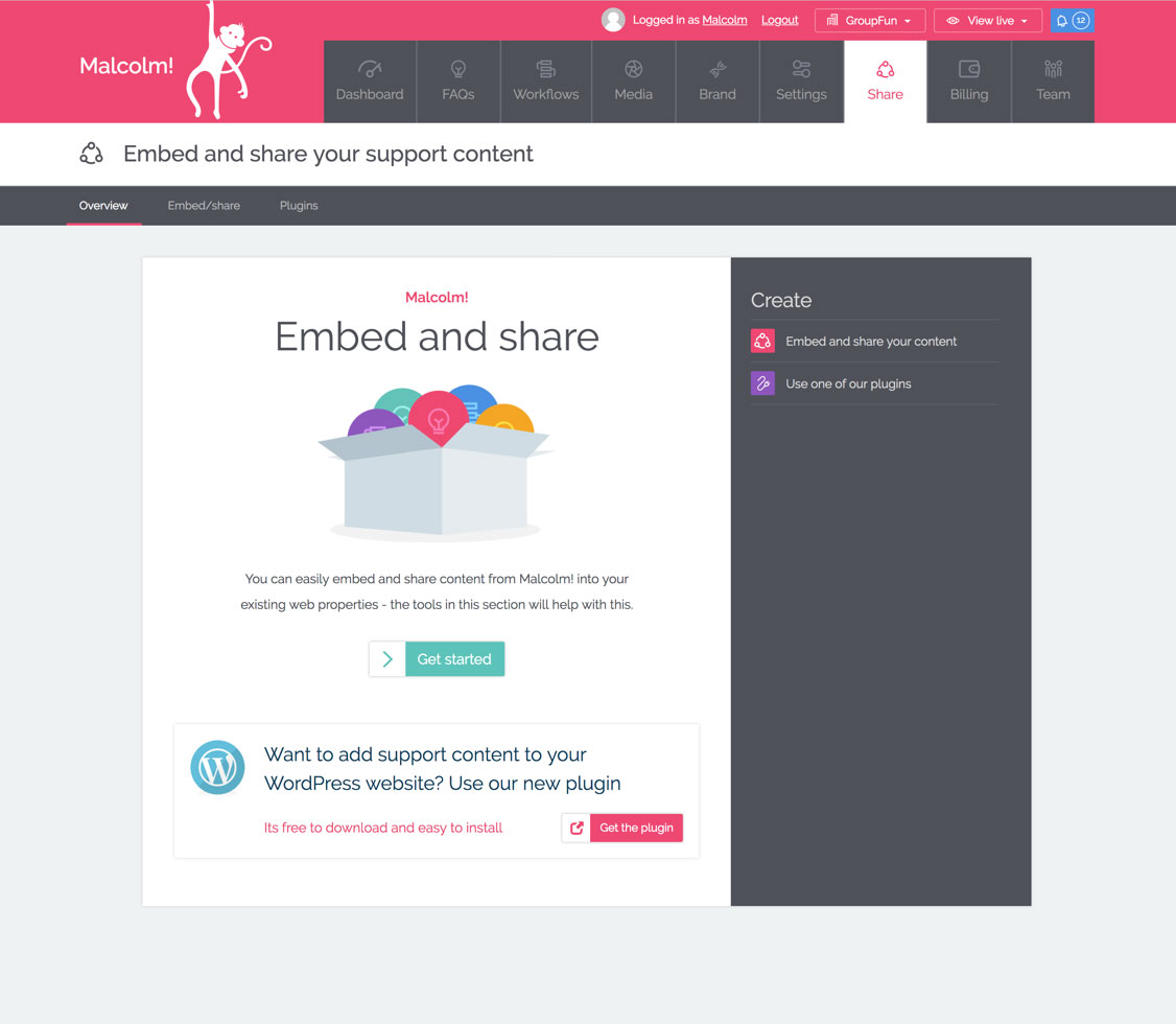 Screenshot of the share and embed splash page in MyMalcolm