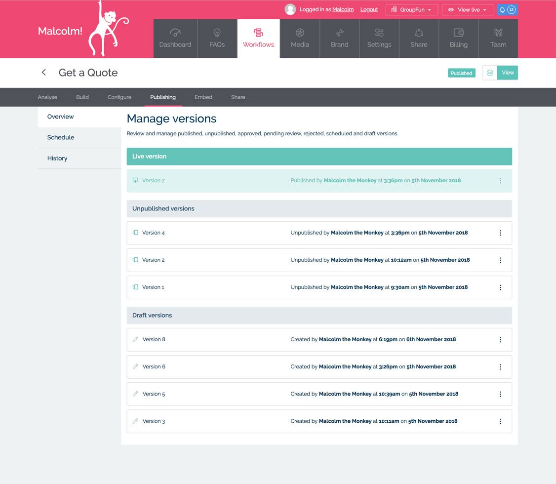 Screenshot of the Workflow version control page in MyMalcolm