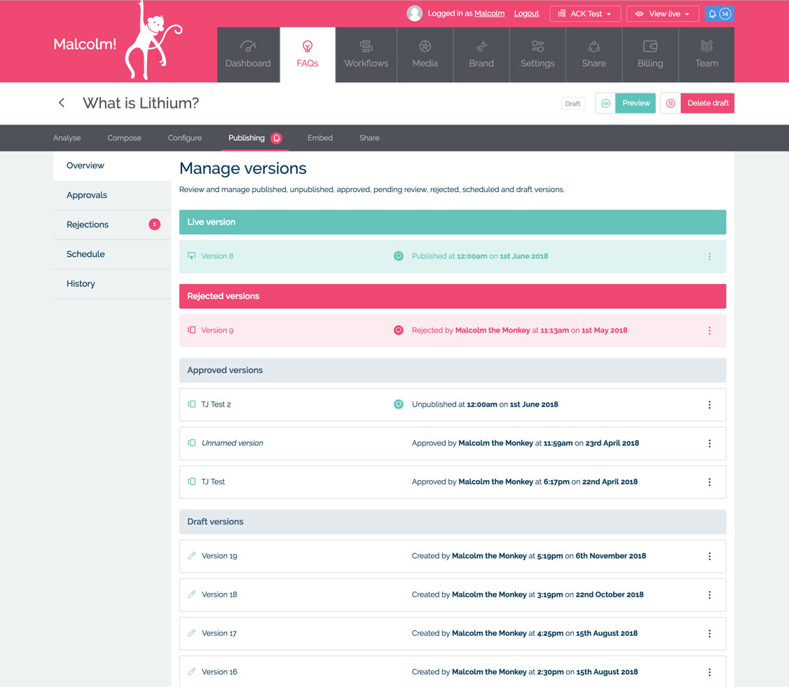 Screenshot of the Workflow version control page in MyMalcolm