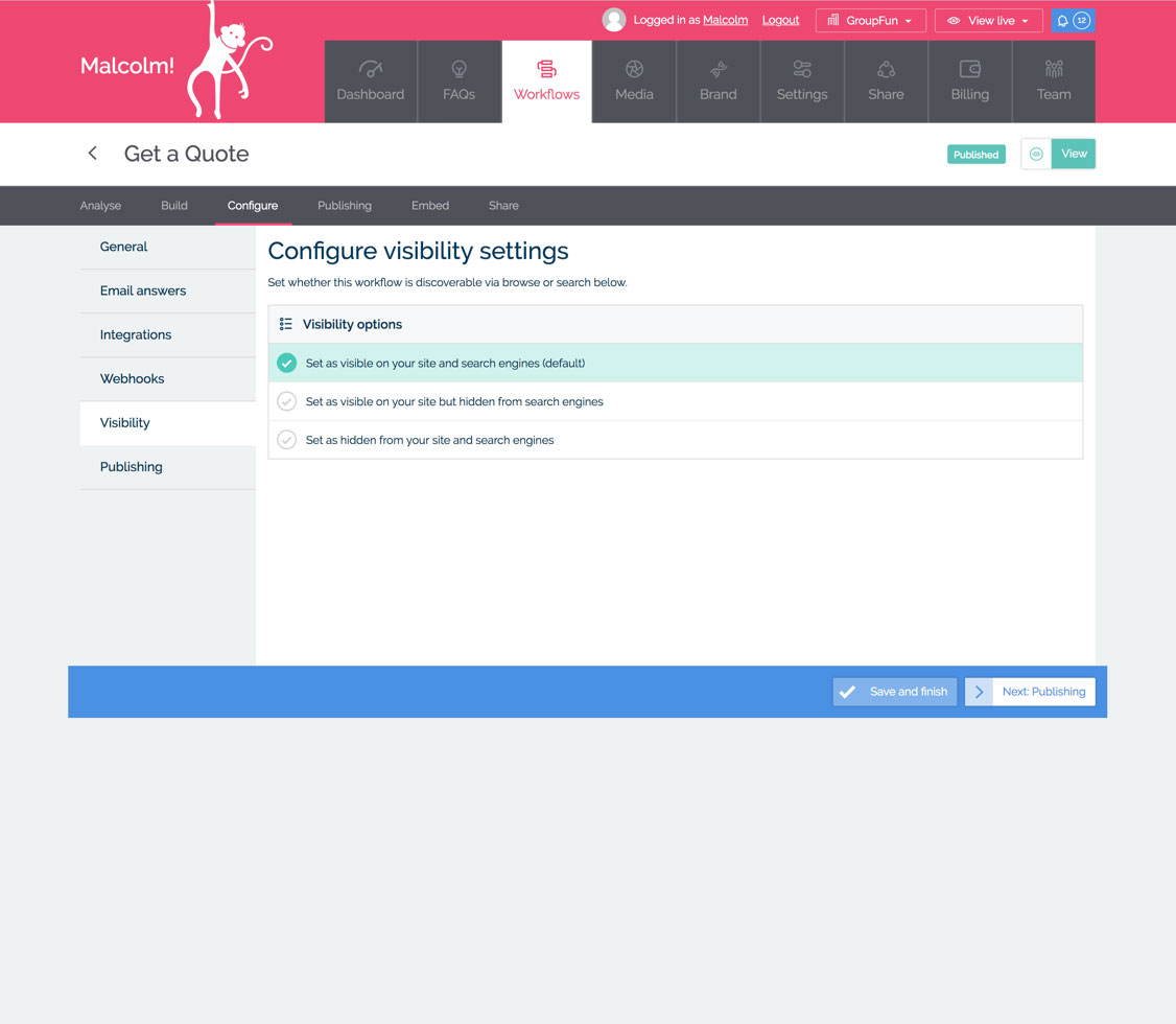 Screenshot of the Workflow visibility options in MyMalcolm