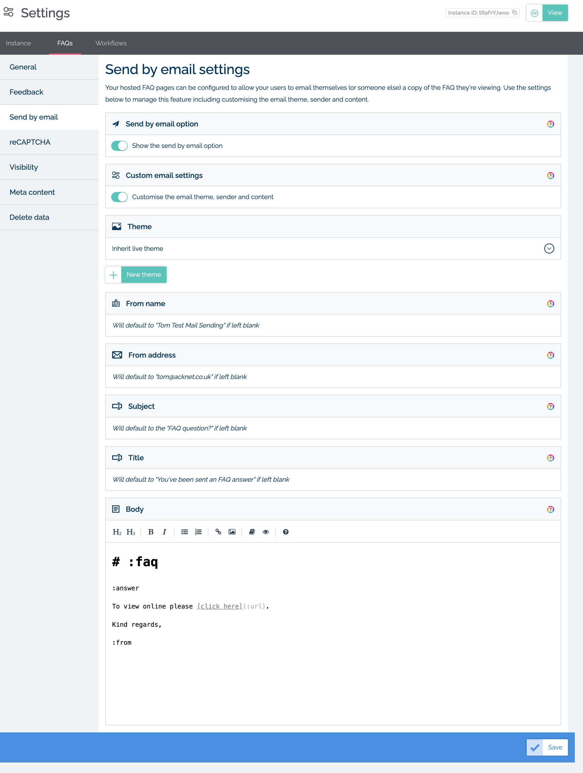 Global settings for FAQs in MyMalcolm